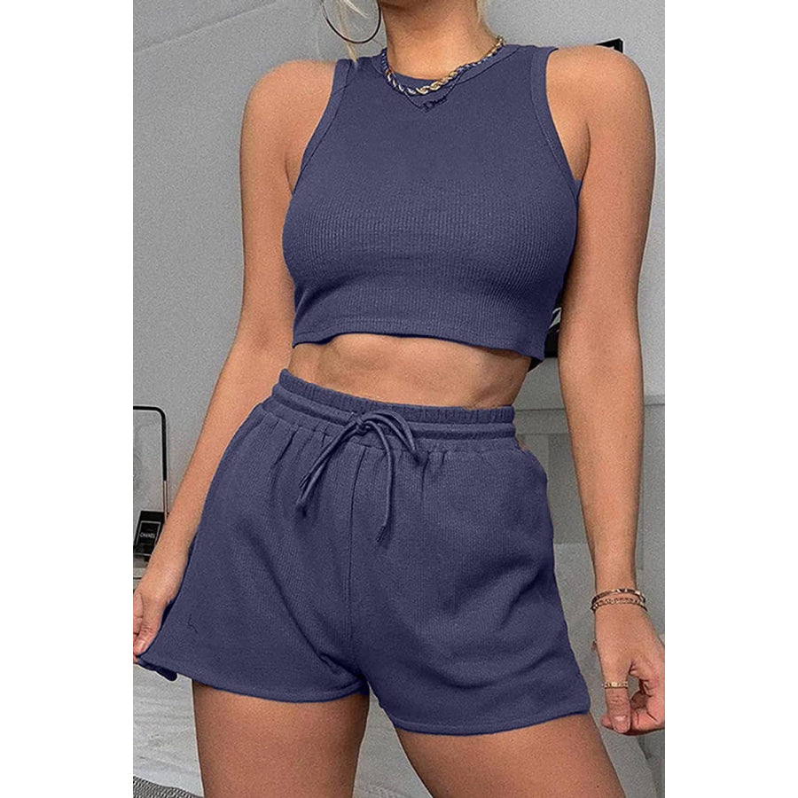 Round Neck Top and Drawstring Shorts Set Apparel Accessories