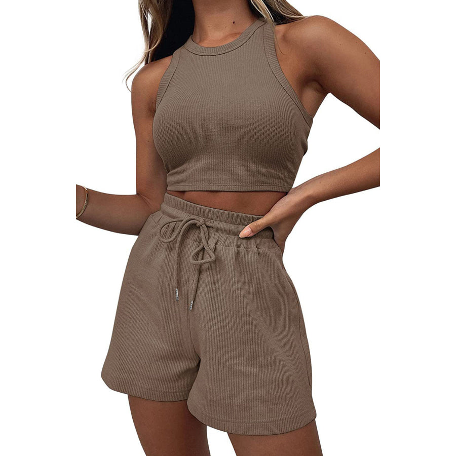 Round Neck Top and Drawstring Shorts Set Apparel Accessories