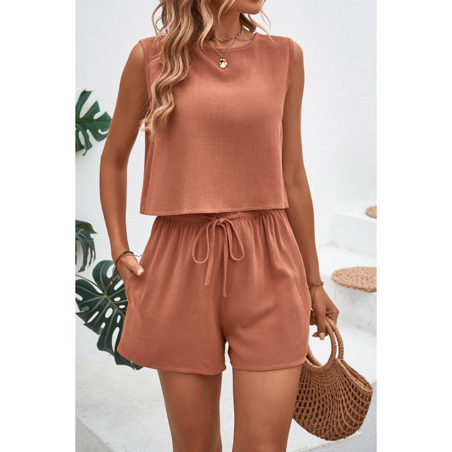 Round Neck Top and Drawstring Shorts Set Apparel and Accessories