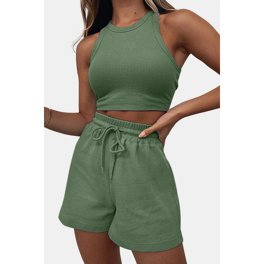 Round Neck Top and Drawstring Shorts Set Apparel Accessories