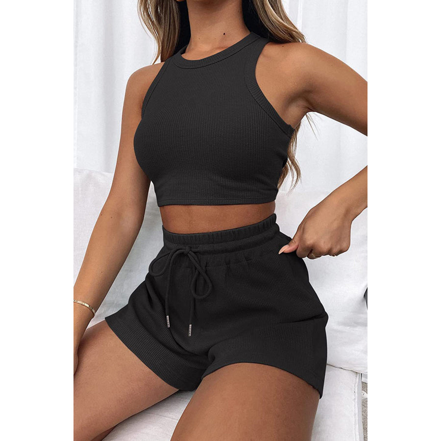 Round Neck Top and Drawstring Shorts Set Black / S Apparel Accessories