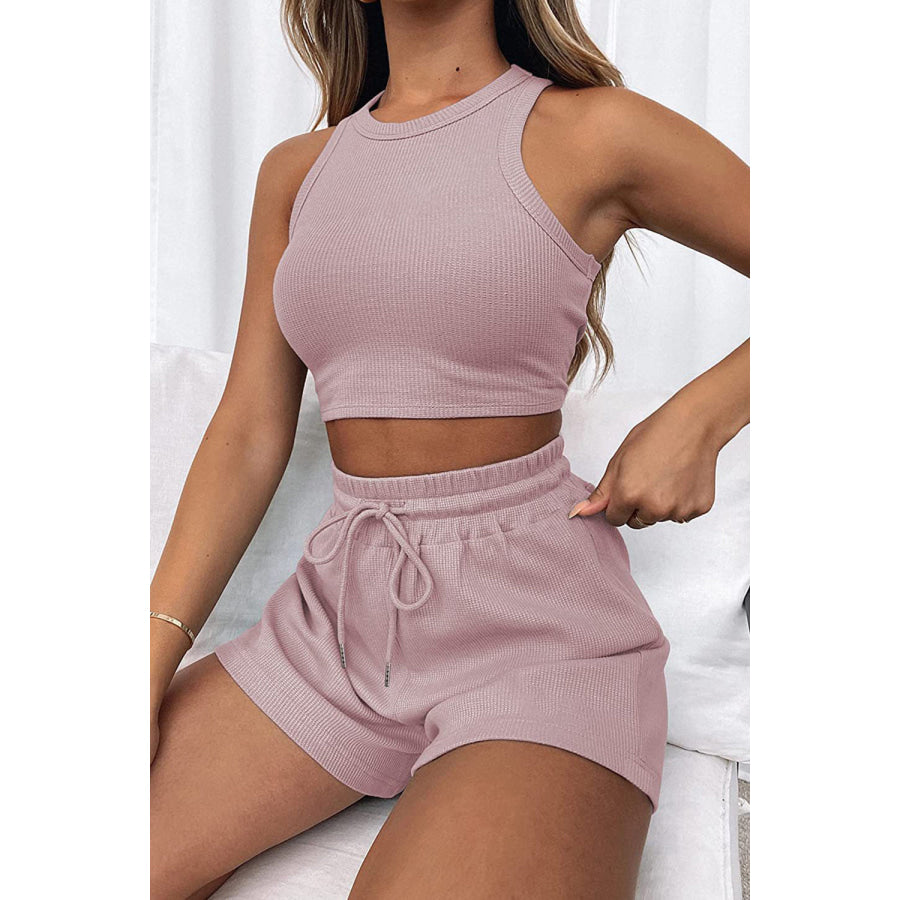 Round Neck Top and Drawstring Shorts Set Blush Pink / S Apparel Accessories