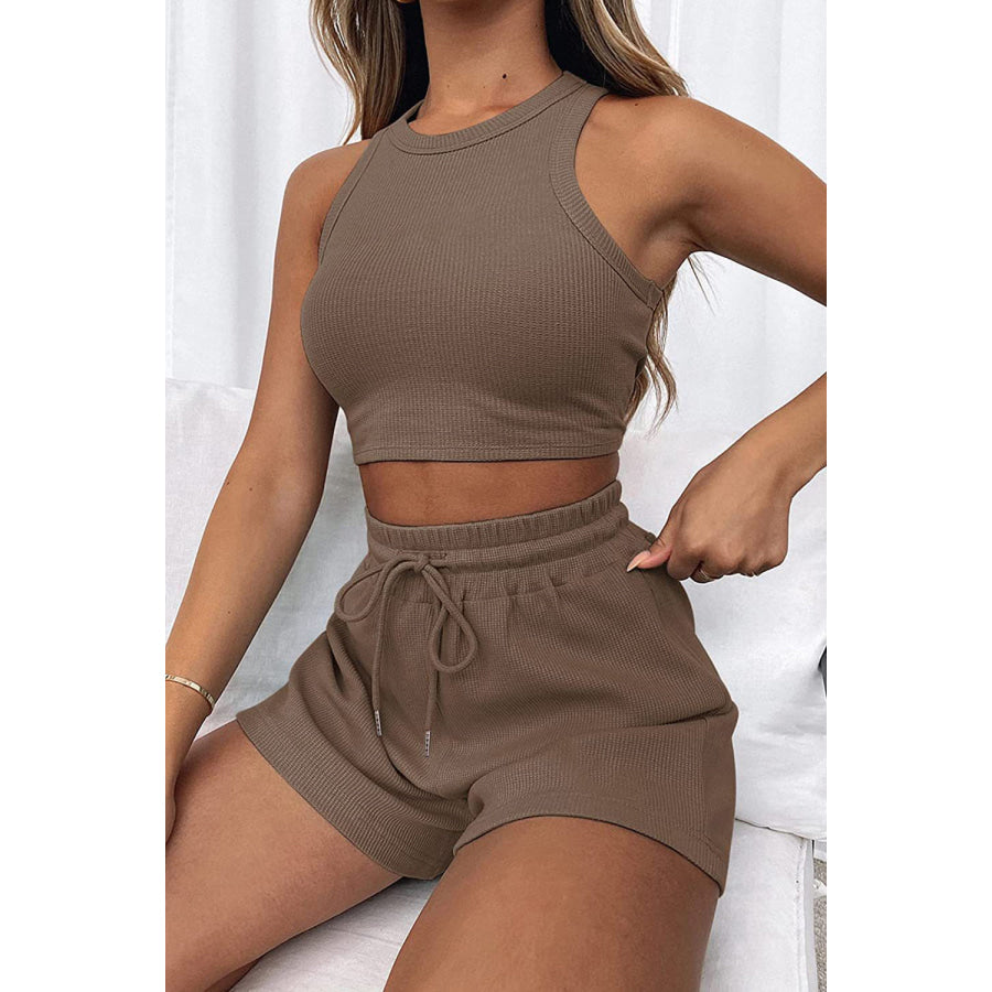 Round Neck Top and Drawstring Shorts Set Chocolate / S Apparel Accessories