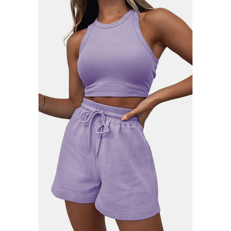 Round Neck Top and Drawstring Shorts Set Lavender / S Apparel Accessories