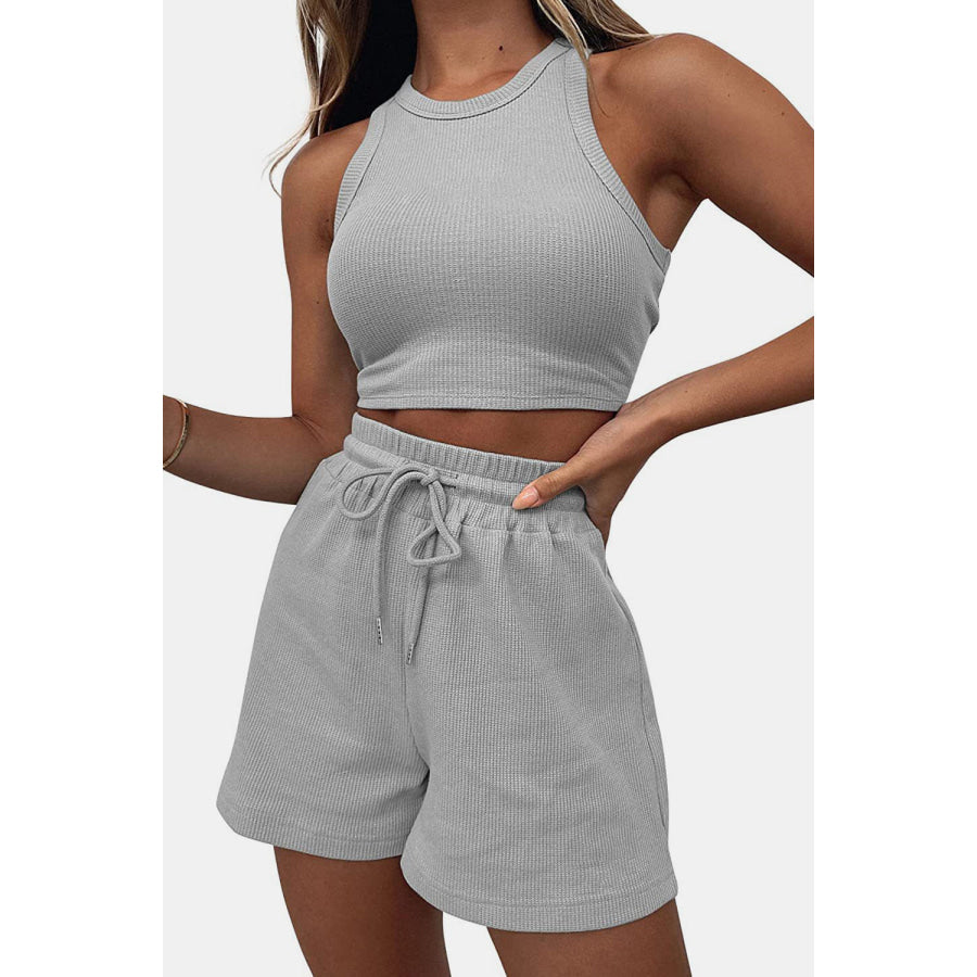 Round Neck Top and Drawstring Shorts Set Light Gray / S Apparel Accessories