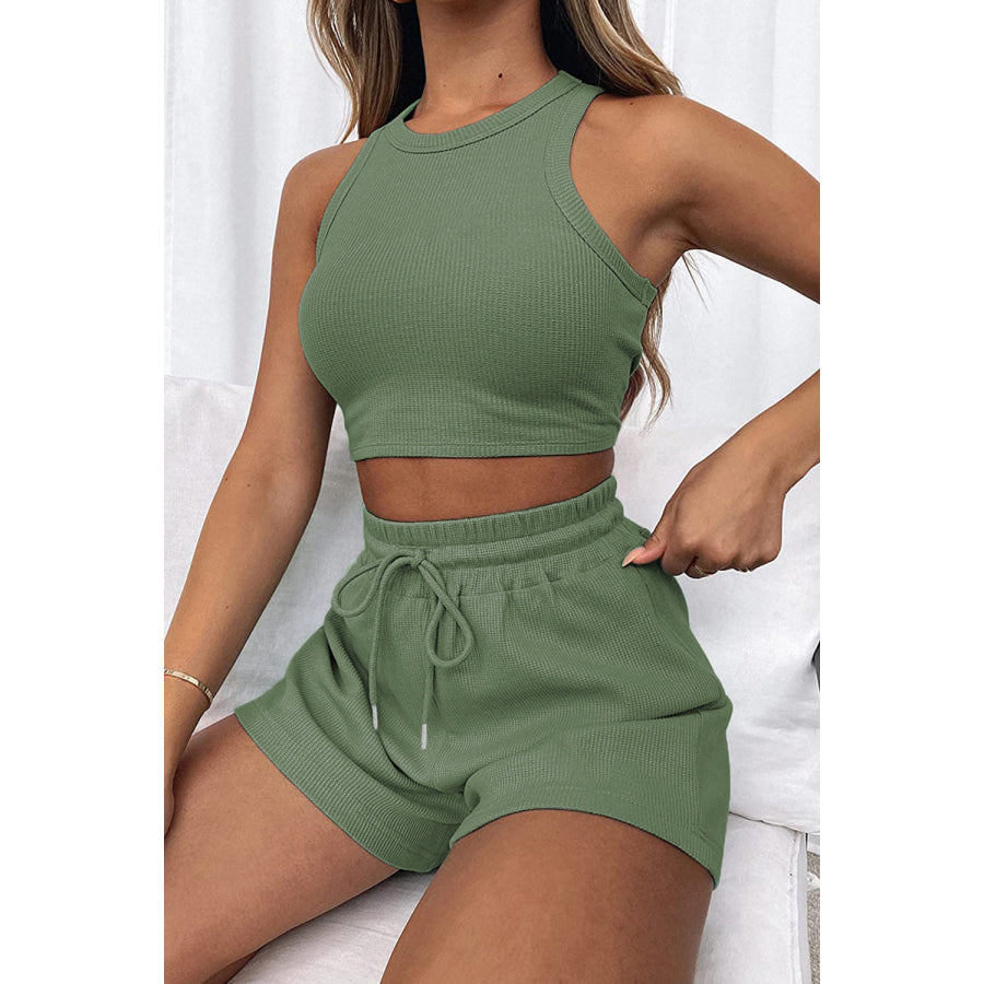 Round Neck Top and Drawstring Shorts Set Matcha Green / S Apparel Accessories