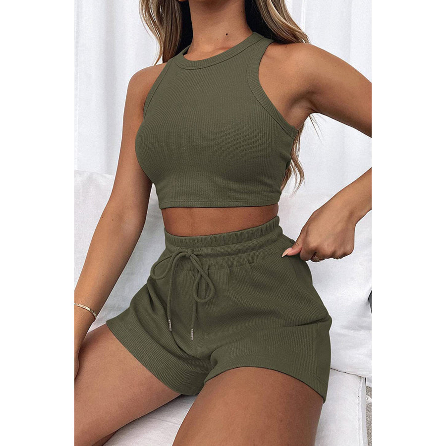 Round Neck Top and Drawstring Shorts Set Moss / S Apparel Accessories