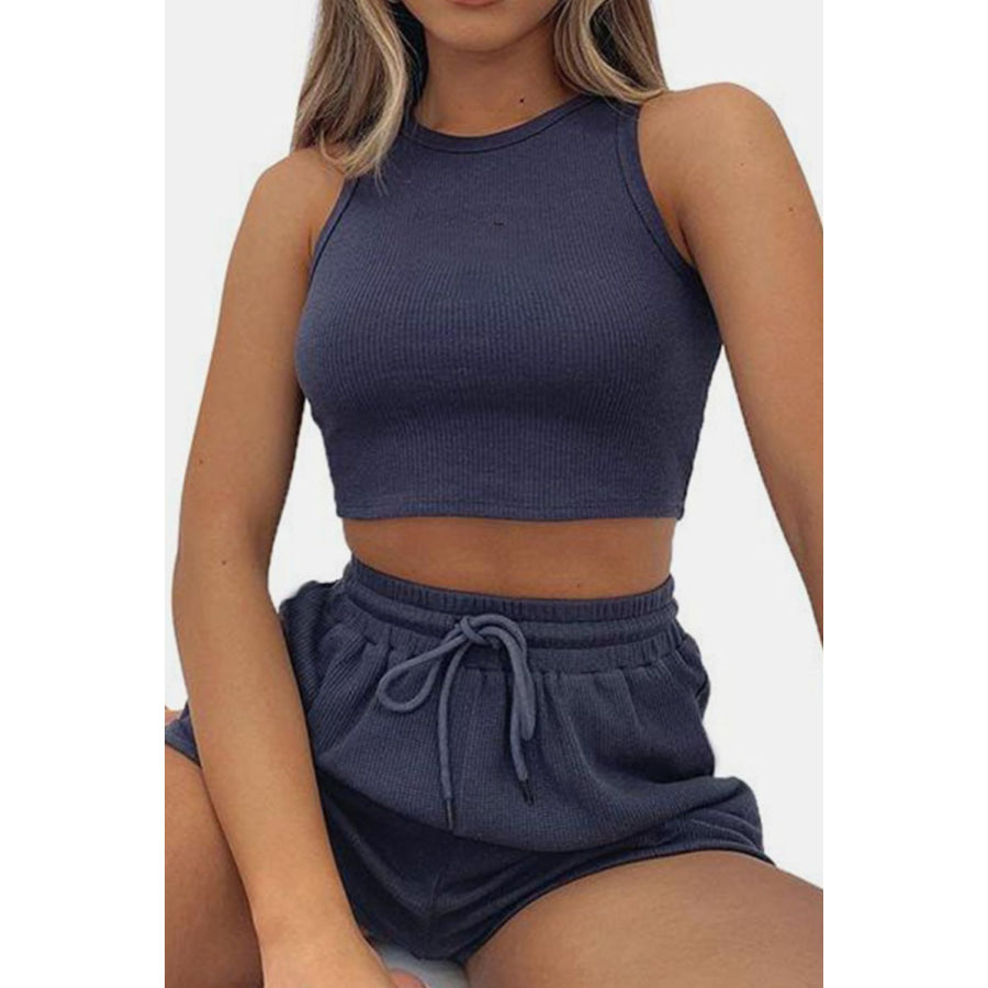 Round Neck Top and Drawstring Shorts Set Navy / S Apparel Accessories