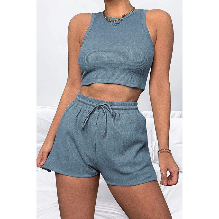 Round Neck Top and Drawstring Shorts Set Pastel Blue / S Apparel Accessories