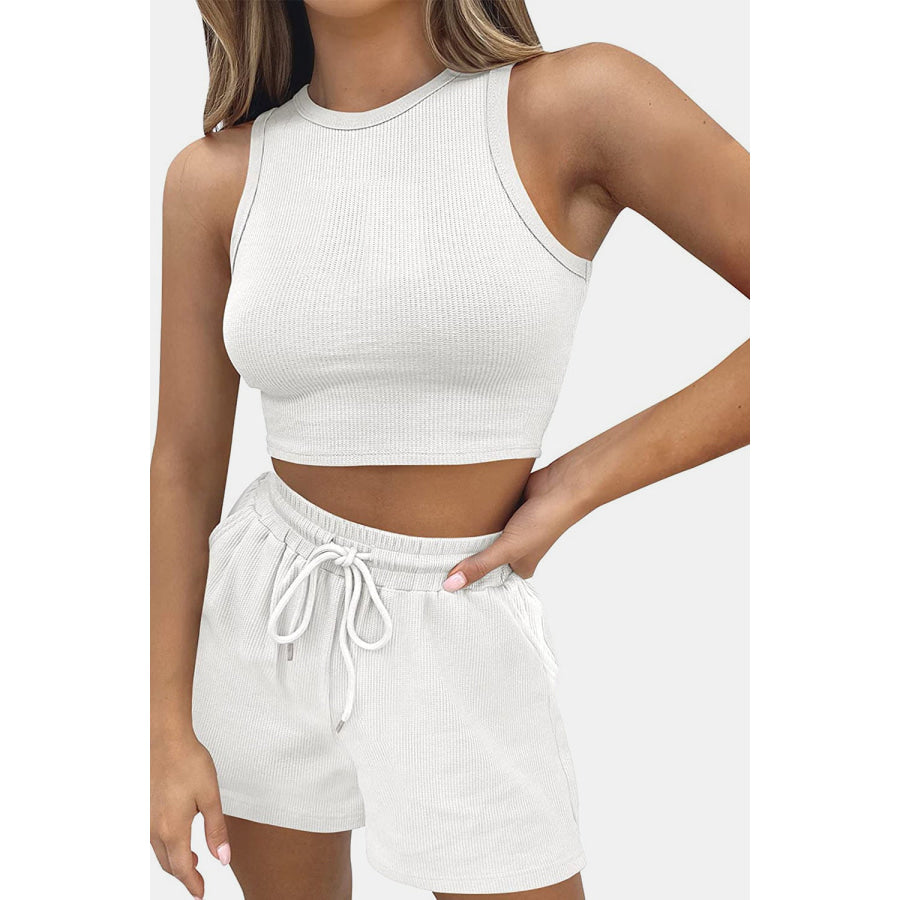 Round Neck Top and Drawstring Shorts Set White / S Apparel Accessories