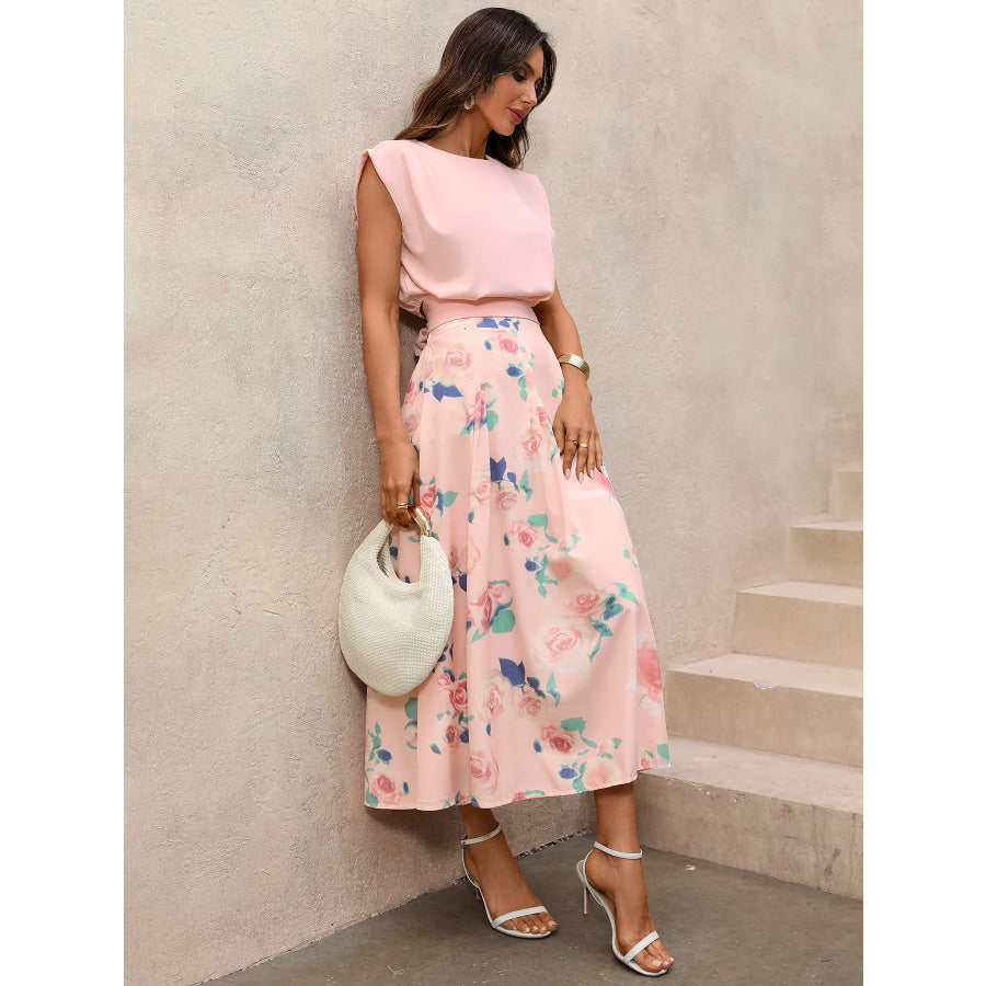 Round Neck Top and Floral Print Skirt Two-Piece Set Apparel and Accessories