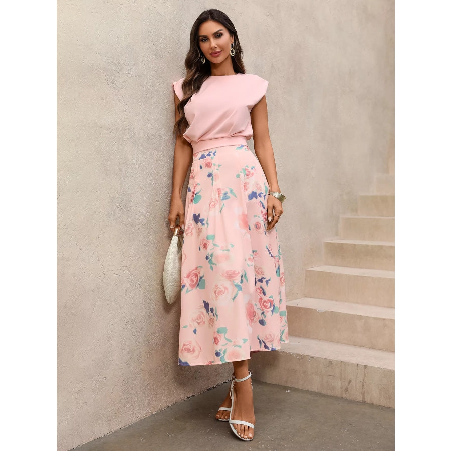 Round Neck Top and Floral Print Skirt Two-Piece Set Apparel and Accessories