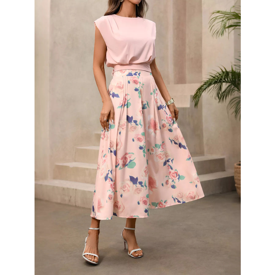 Round Neck Top and Floral Print Skirt Two-Piece Set Pink / S Apparel and Accessories