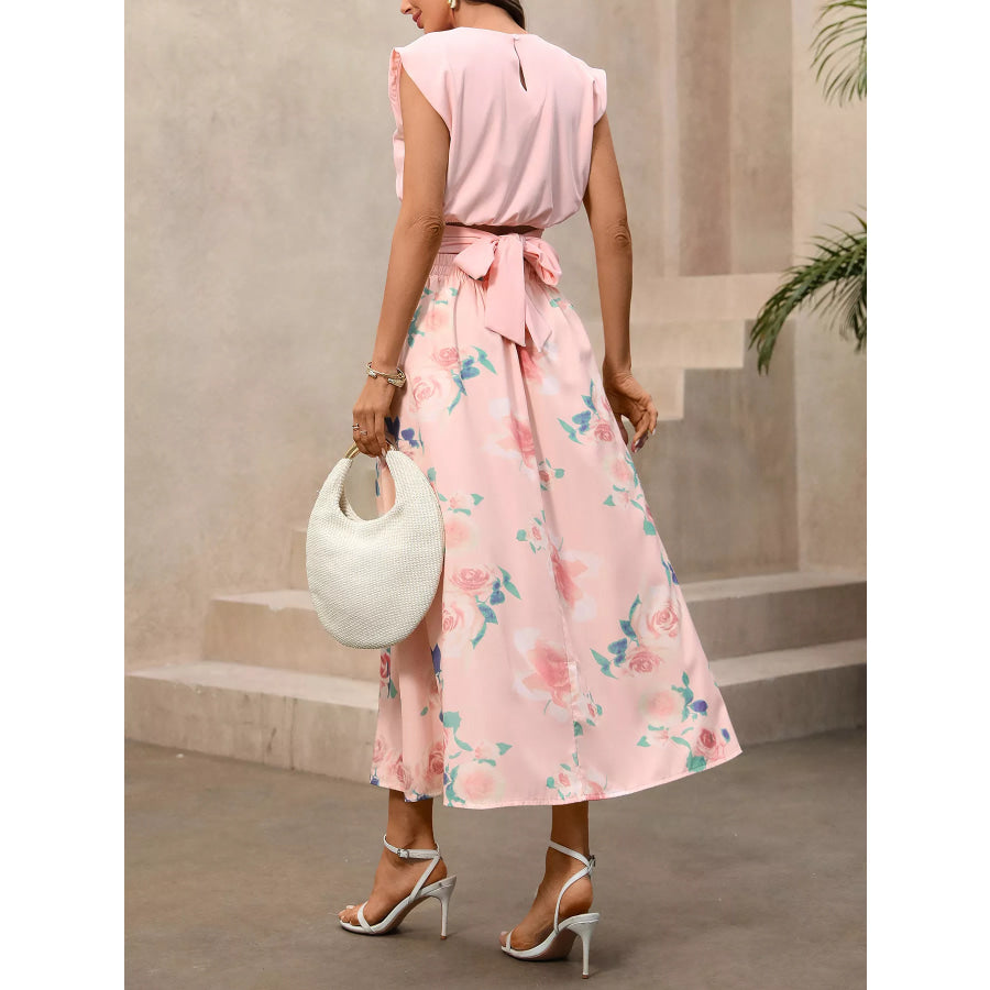 Round Neck Top and Floral Print Skirt Two-Piece Set Apparel and Accessories