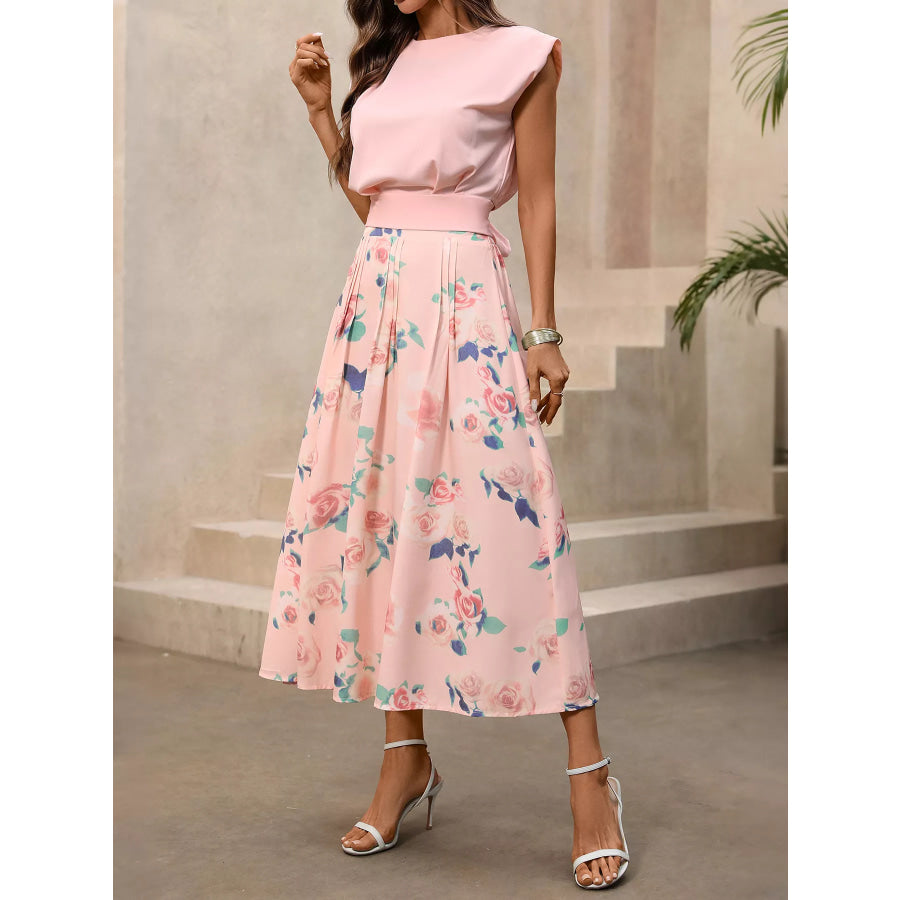 Round Neck Top and Floral Print Skirt Two-Piece Set Pink / S Apparel and Accessories