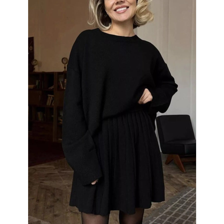 Round Neck Top and Pleated Skirt Sweater Set Apparel and Accessories