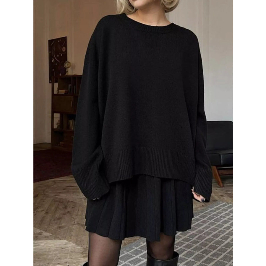 Round Neck Top and Pleated Skirt Sweater Set Apparel and Accessories
