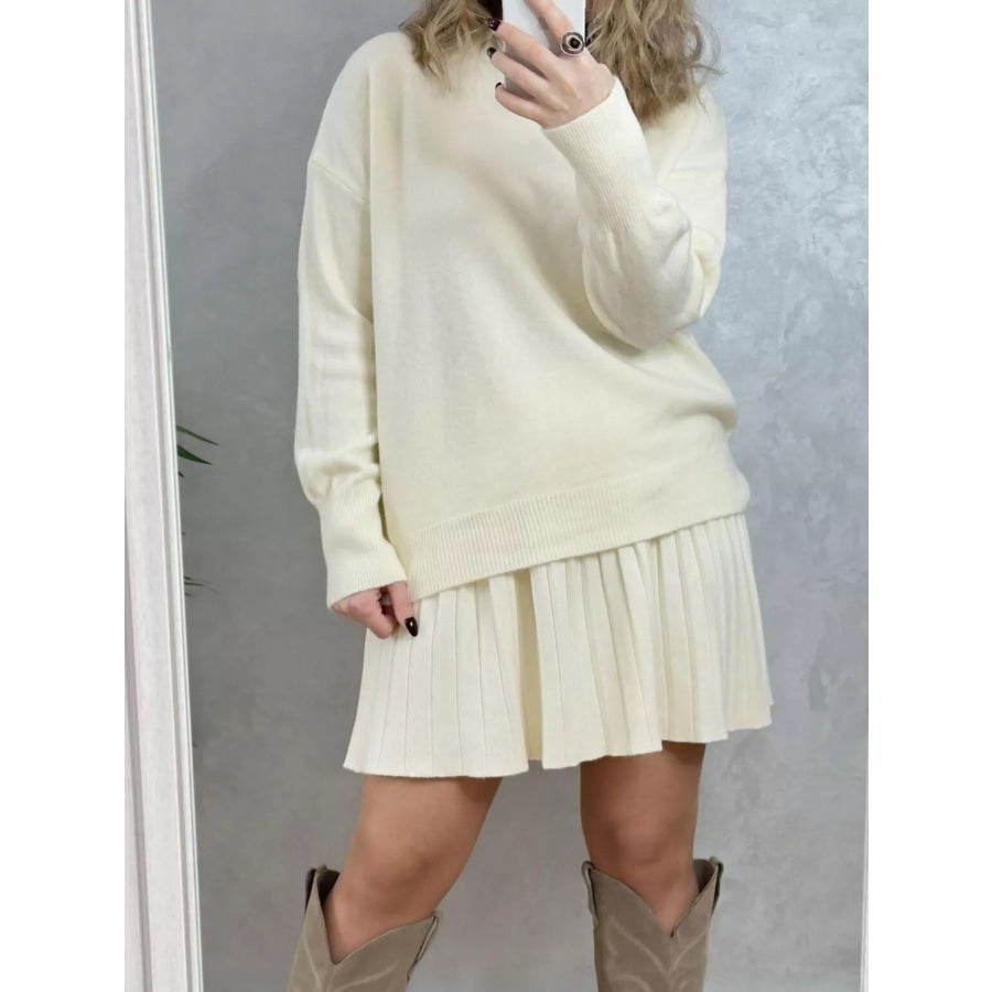 Round Neck Top and Pleated Skirt Sweater Set Apparel and Accessories