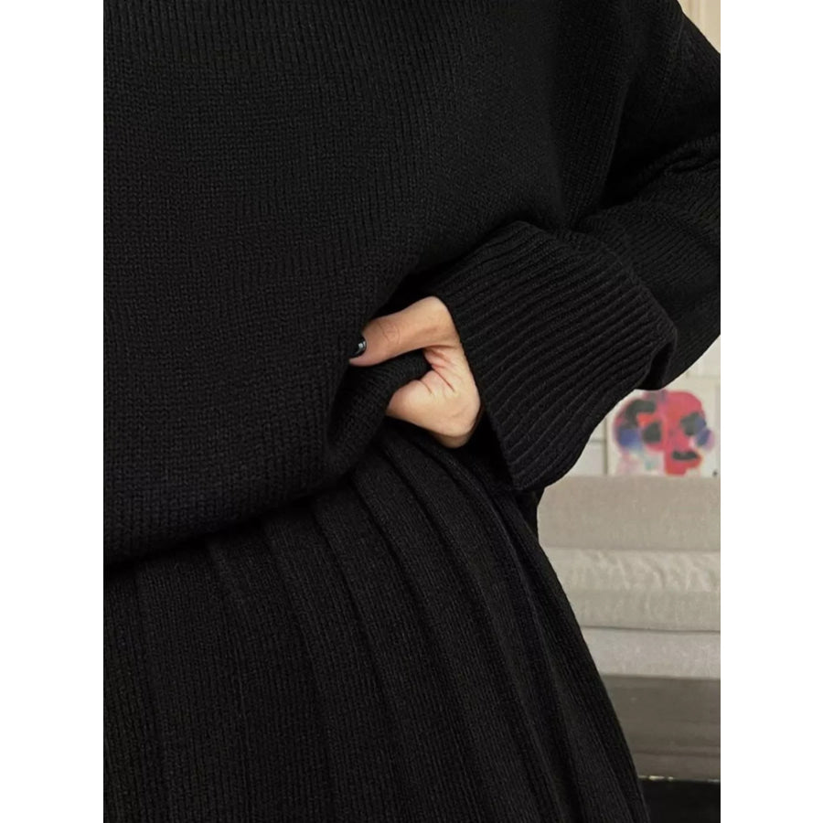 Round Neck Top and Pleated Skirt Sweater Set Apparel and Accessories