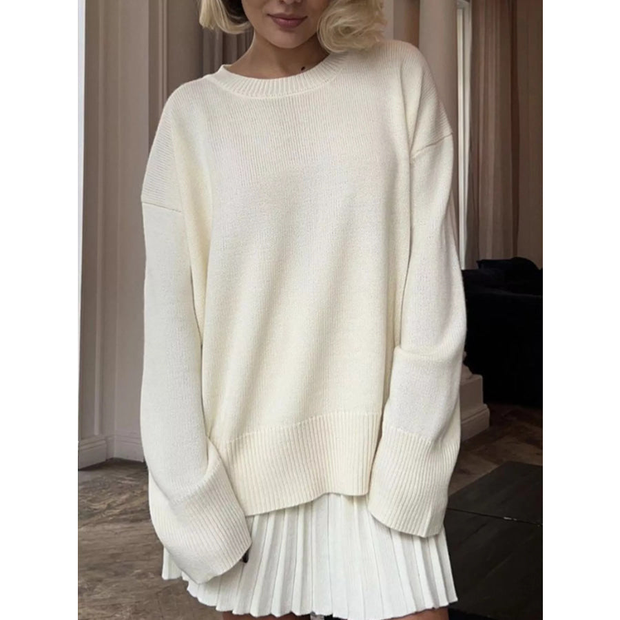 Round Neck Top and Pleated Skirt Sweater Set Apparel and Accessories