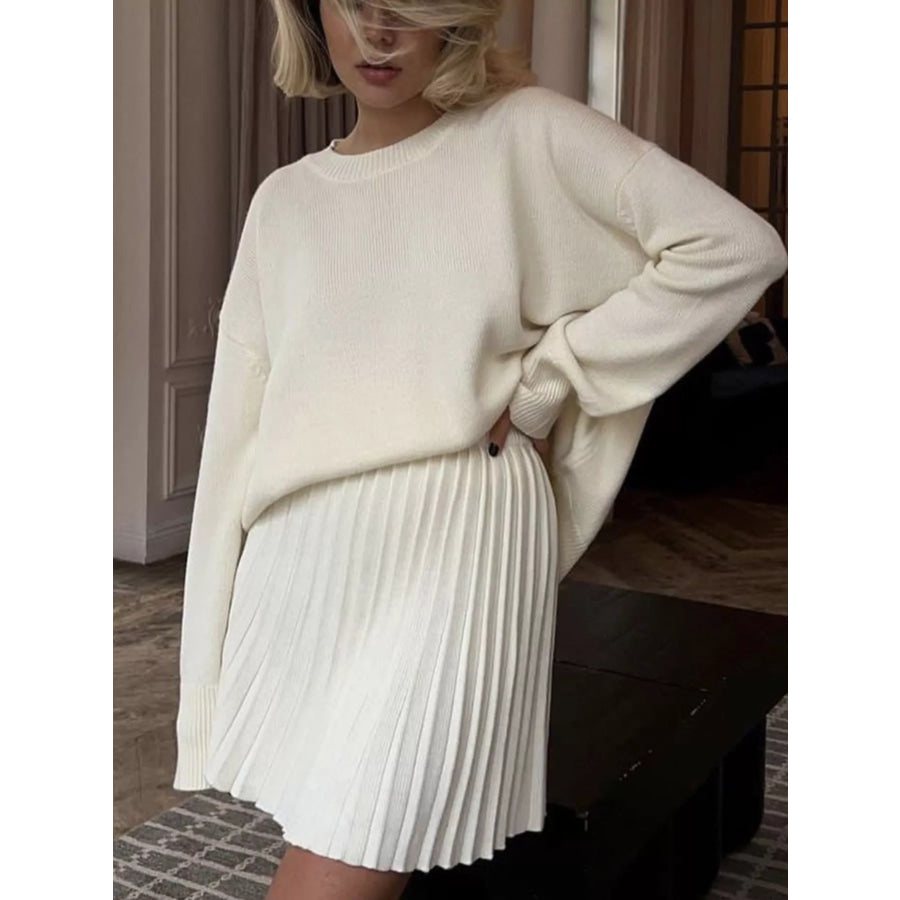 Round Neck Top and Pleated Skirt Sweater Set Apparel and Accessories