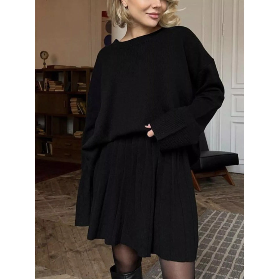 Round Neck Top and Pleated Skirt Sweater Set Apparel and Accessories