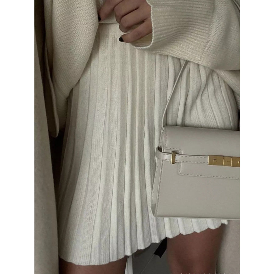 Round Neck Top and Pleated Skirt Sweater Set Apparel and Accessories