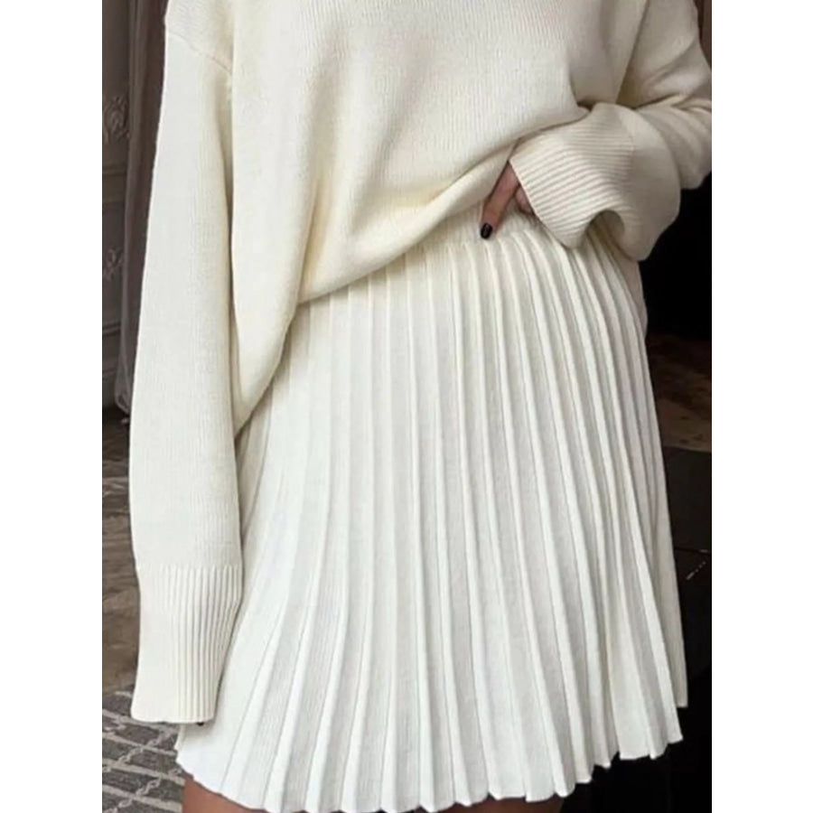 Round Neck Top and Pleated Skirt Sweater Set Apparel and Accessories