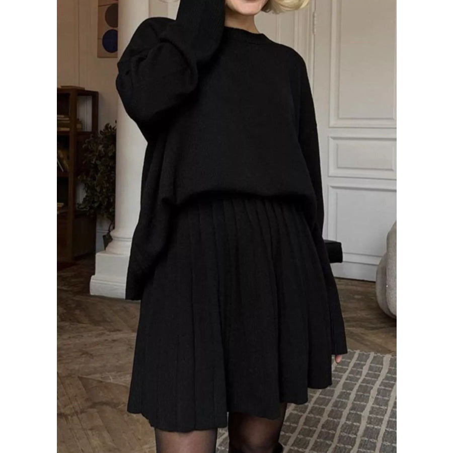 Round Neck Top and Pleated Skirt Sweater Set Black / One Size Apparel and Accessories