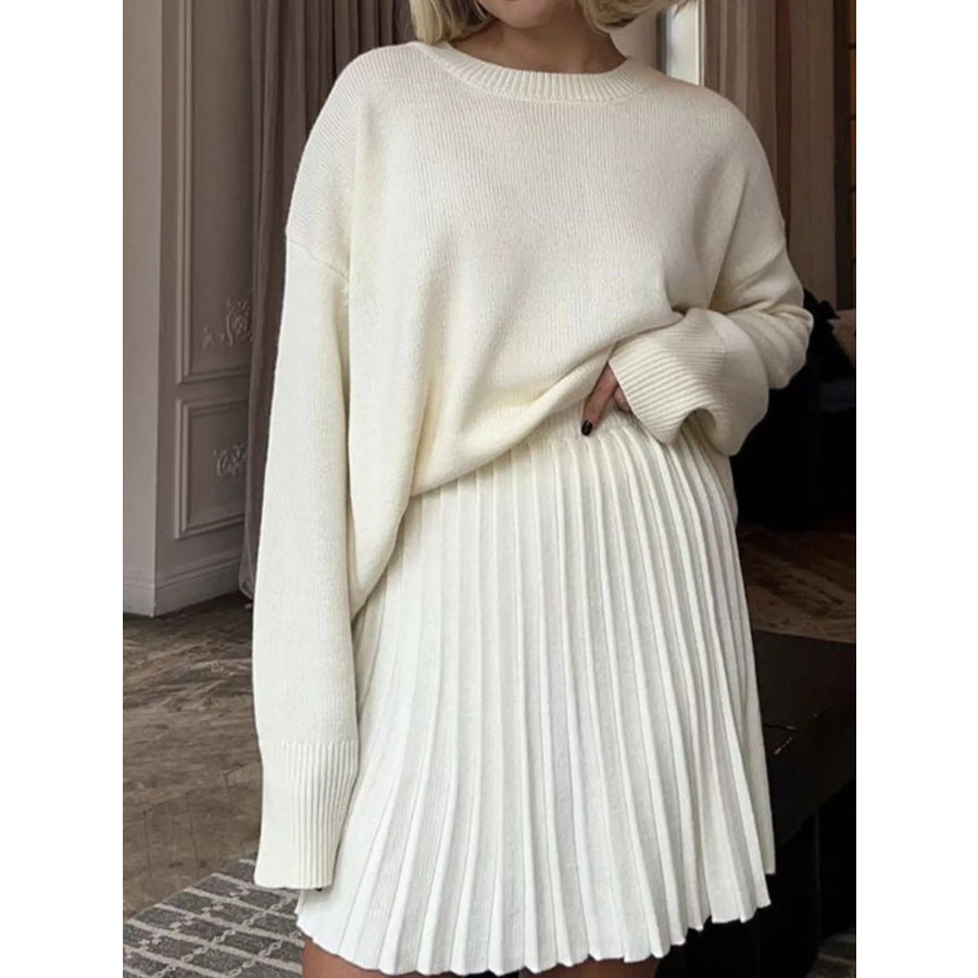 Round Neck Top and Pleated Skirt Sweater Set Ivory / One Size Apparel and Accessories