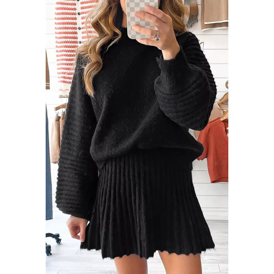 Round Neck Top and Skirt Sweater Set Black / S Apparel and Accessories
