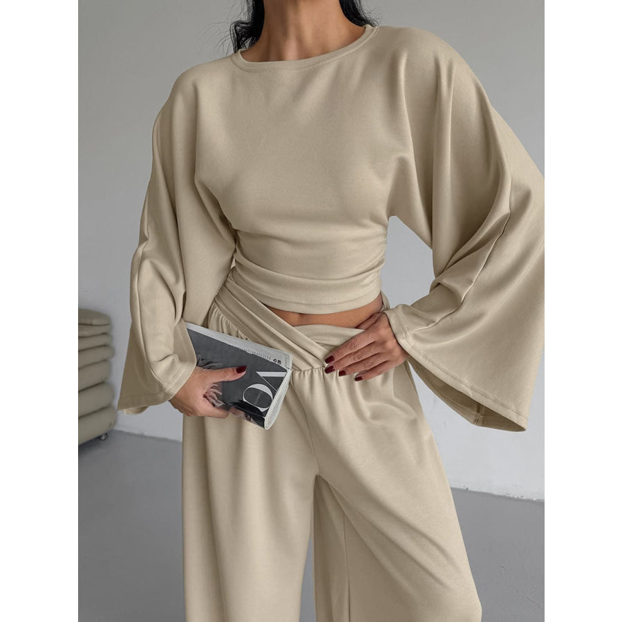 Round Neck Top and Wide Leg Pants Set Apparel and Accessories
