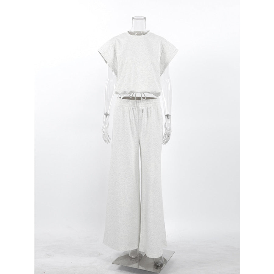 Round Neck Top and Wide Leg Pants Set Apparel and Accessories