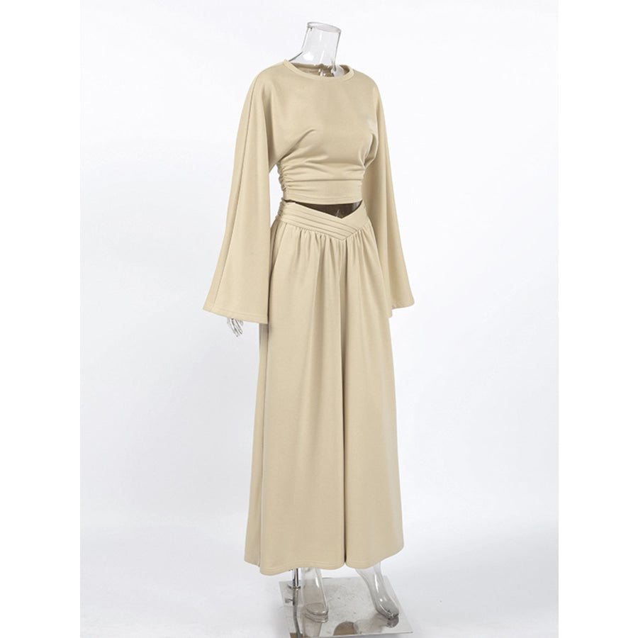 Round Neck Top and Wide Leg Pants Set Apparel and Accessories