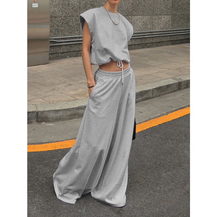 Round Neck Top and Wide Leg Pants Set Apparel and Accessories