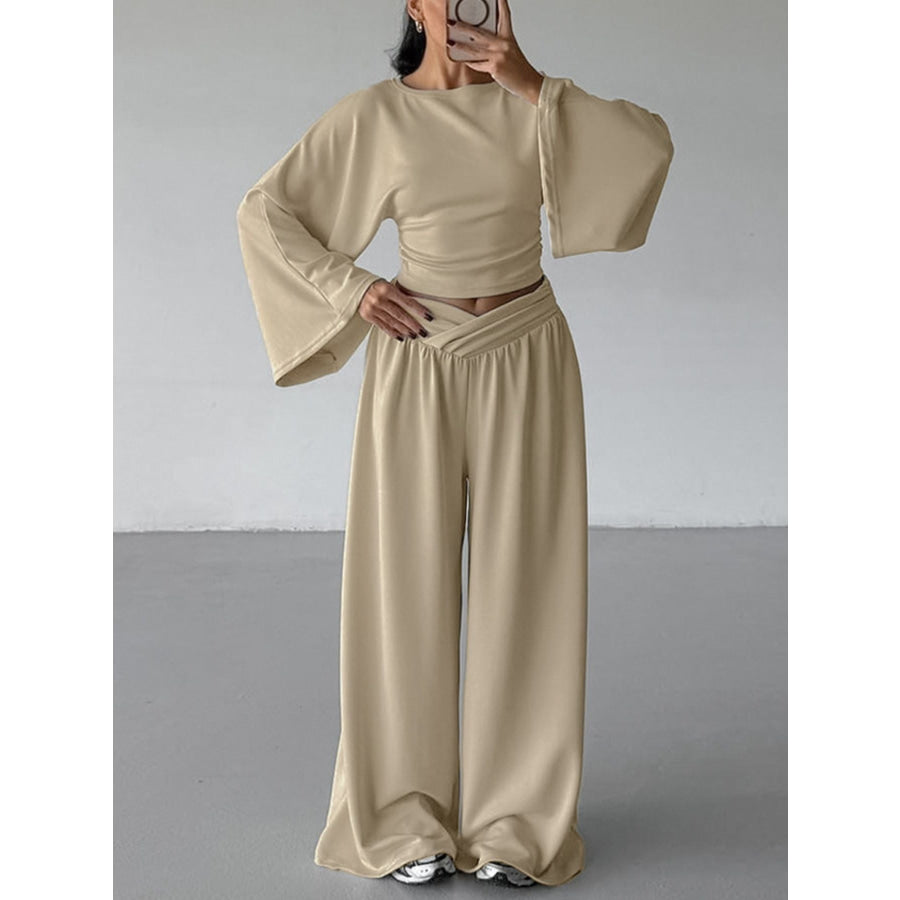 Round Neck Top and Wide Leg Pants Set Apparel and Accessories
