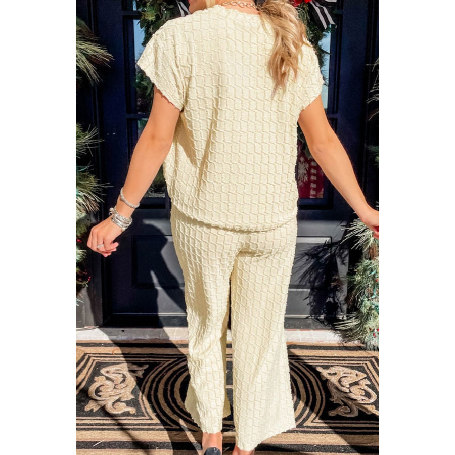 Round Neck Top and Wide Leg Pants Set Ivory / S Apparel Accessories