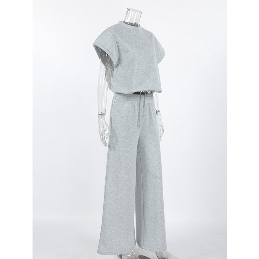 Round Neck Top and Wide Leg Pants Set Apparel and Accessories