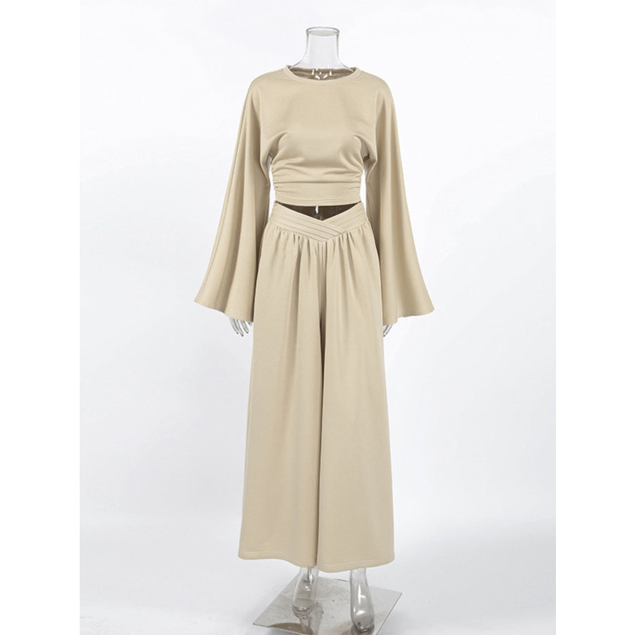 Round Neck Top and Wide Leg Pants Set Apparel and Accessories