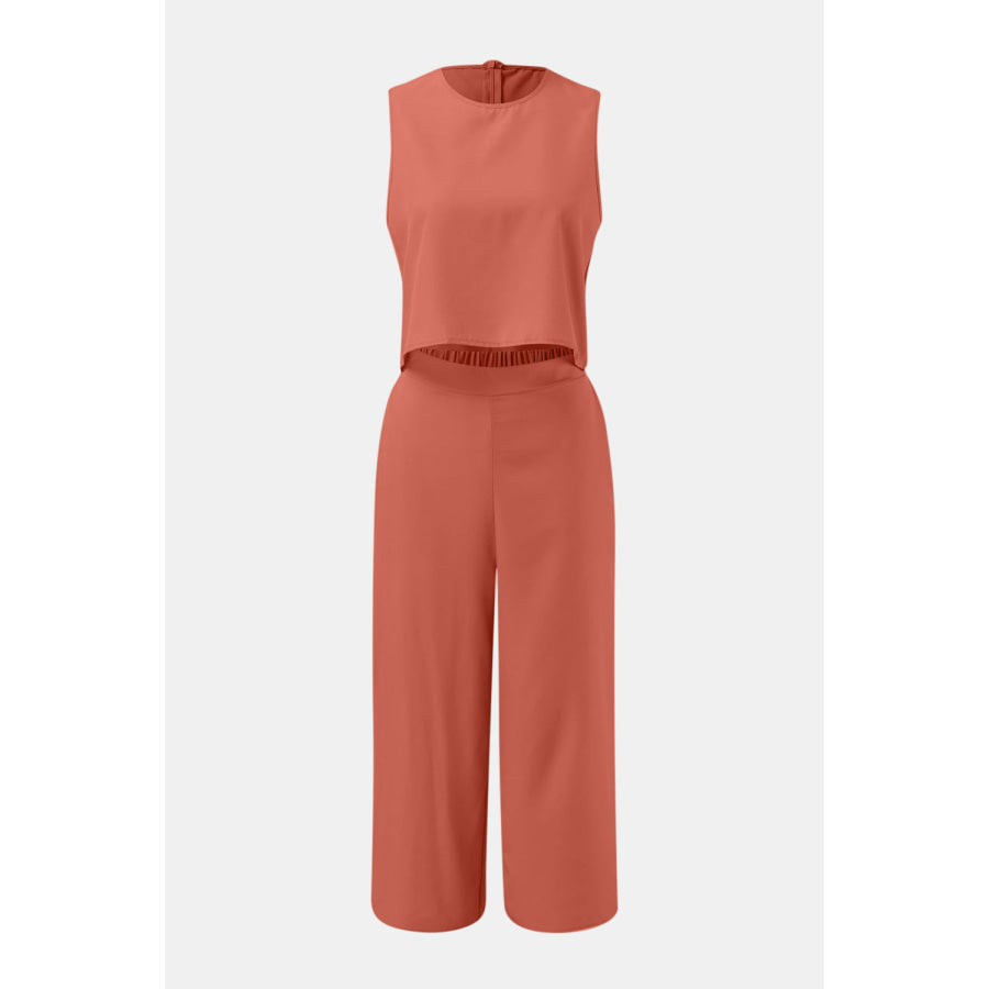 Round Neck Top and Wide Leg Pants Set Burnt Coral / S Apparel and Accessories