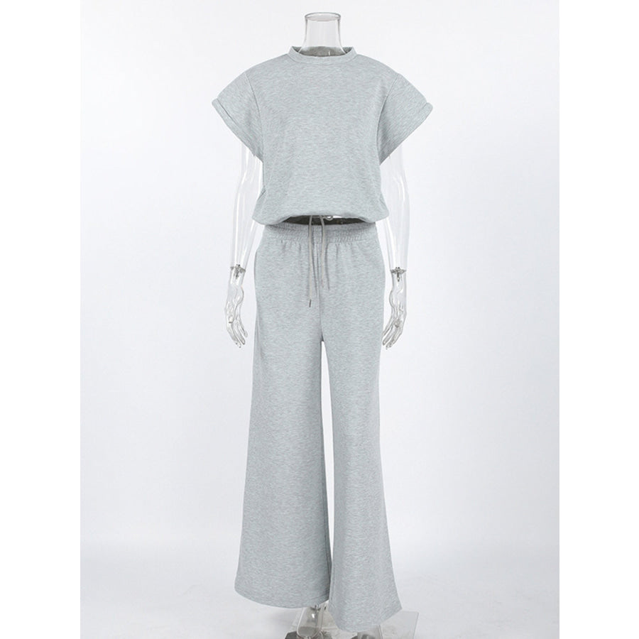 Round Neck Top and Wide Leg Pants Set Apparel and Accessories