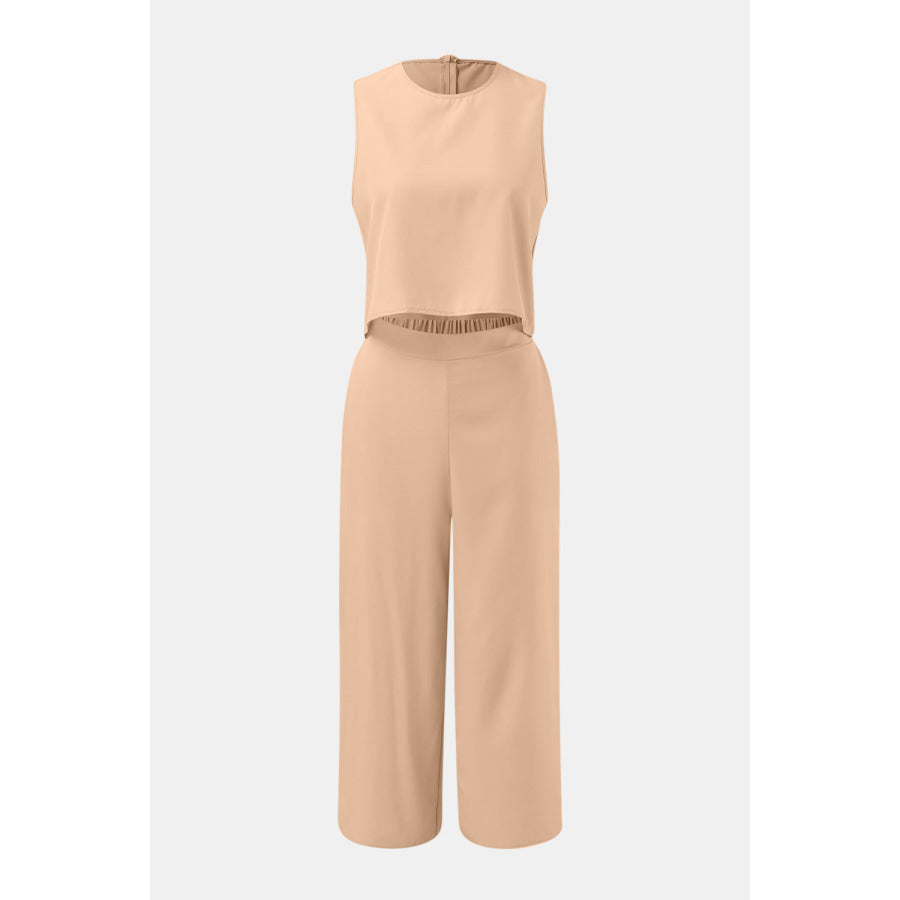 Round Neck Top and Wide Leg Pants Set Apparel and Accessories