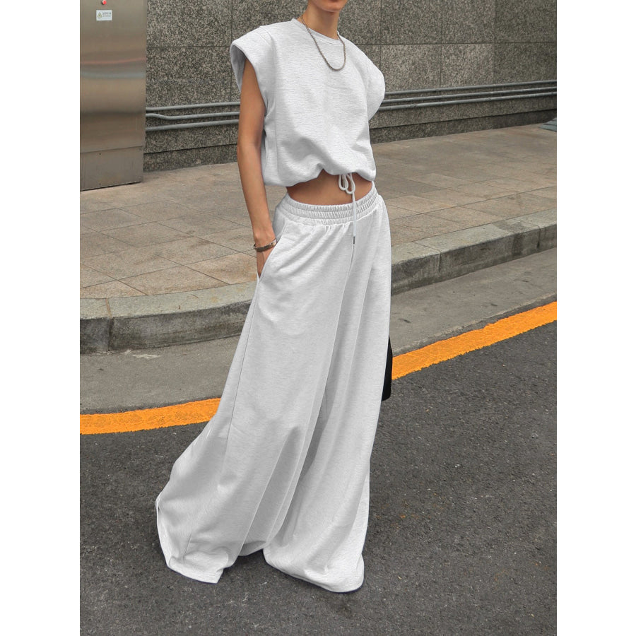 Round Neck Top and Wide Leg Pants Set Apparel and Accessories