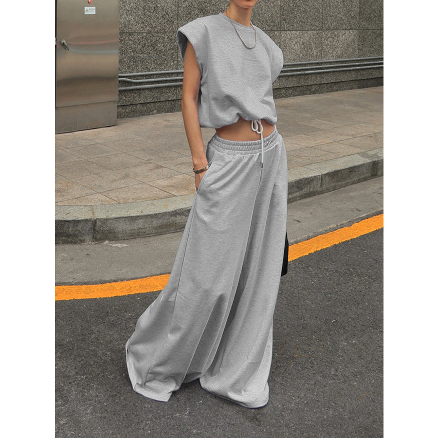 Round Neck Top and Wide Leg Pants Set Apparel and Accessories
