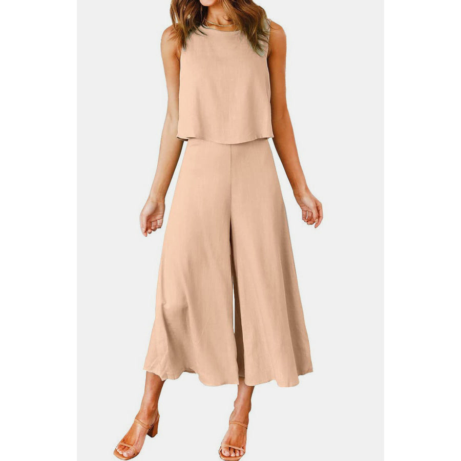Round Neck Top and Wide Leg Pants Set Apparel and Accessories