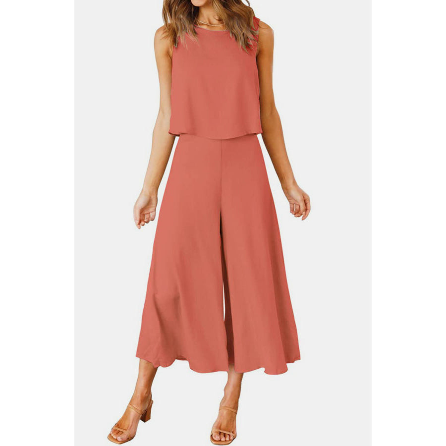 Round Neck Top and Wide Leg Pants Set Burnt Coral / S Apparel and Accessories