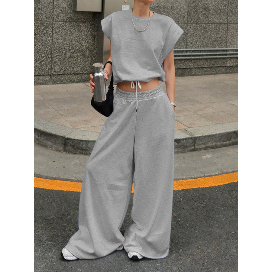 Round Neck Top and Wide Leg Pants Set Gray / S Apparel and Accessories