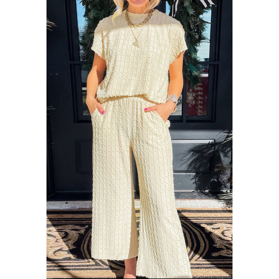 Round Neck Top and Wide Leg Pants Set Ivory / S Apparel Accessories