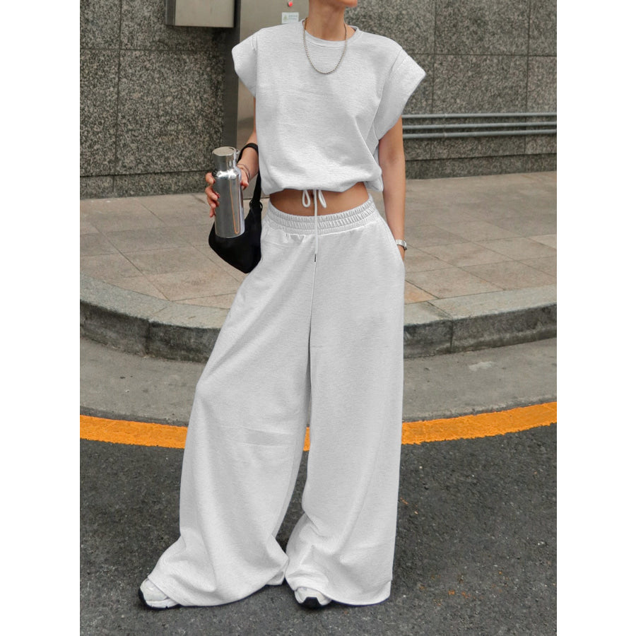 Round Neck Top and Wide Leg Pants Set Light Gray / S Apparel and Accessories