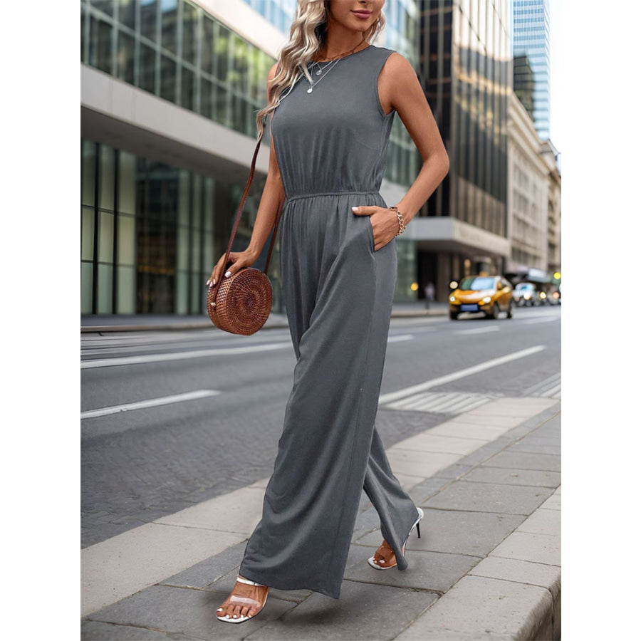 Round Neck Wide Leg Jumpsuit Dark Gray / S Apparel and Accessories